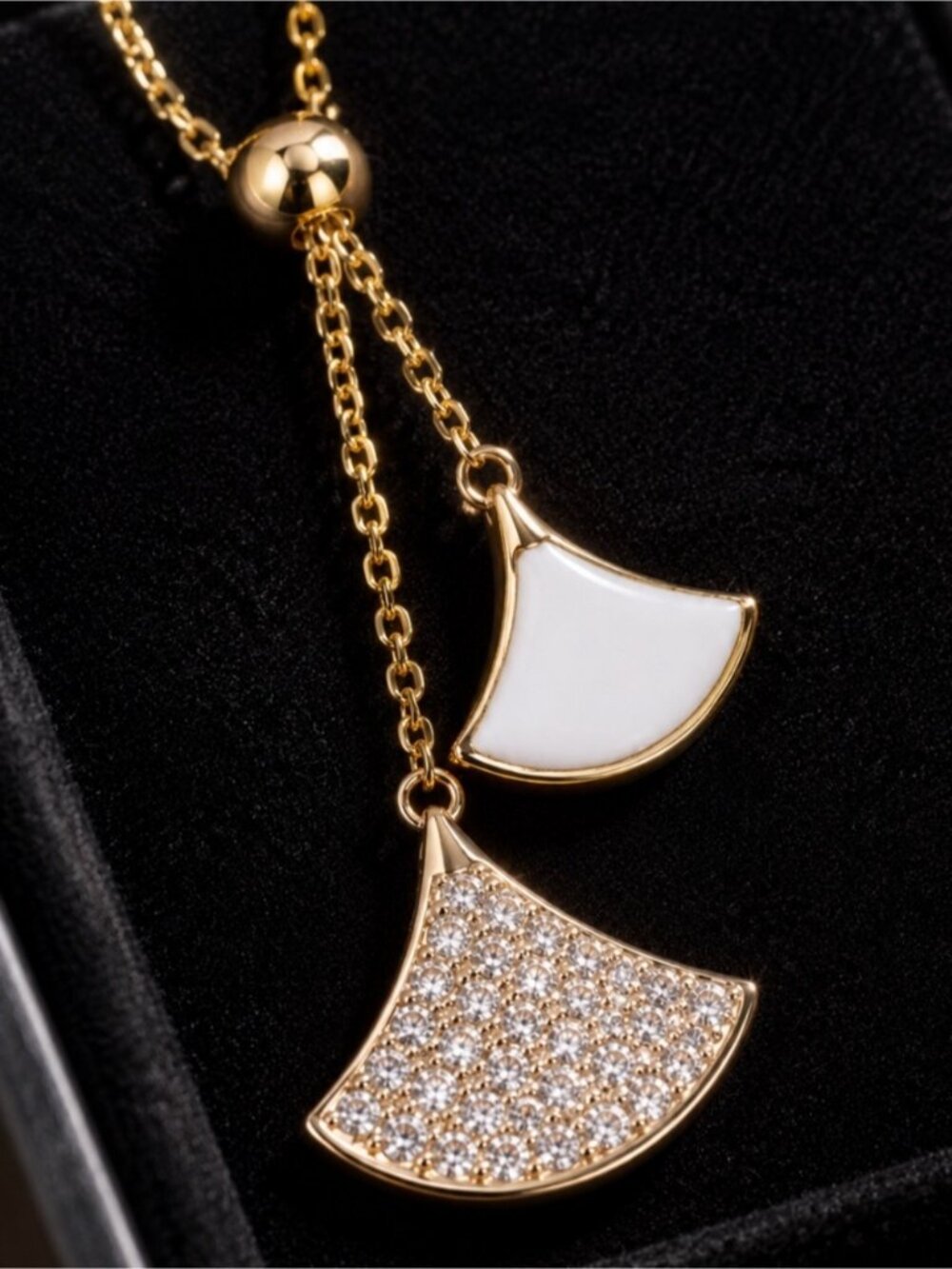 Gold-tone Necklace with White and Sparkle Fan Pendants